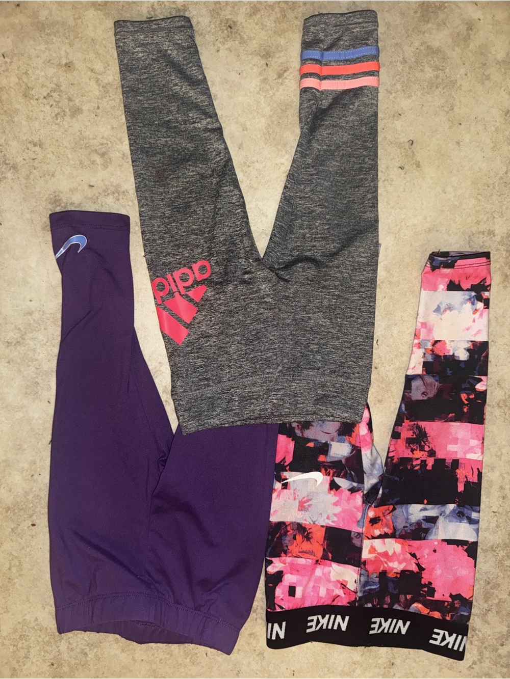 adidas Gray Leggings with Pink Logo and Blue Stripe Accents